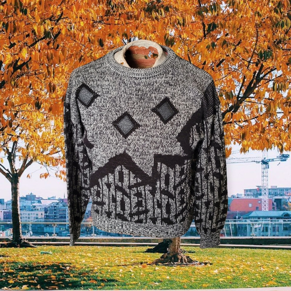 Vintage 80s Men's Black and Gray Sweater